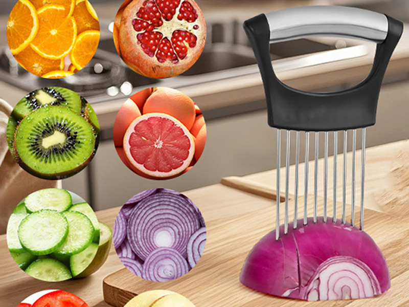 【2 PCS】Onion Holder for Slicing - Stainless Steel Vegetable & Fruit Cutter Chopper for Onions, Tomatoes, Avocados, Potatoes, Eggs, Meat & Lemon - Kitchen Slicer Assistant with Neat Guide & Tenderizer.