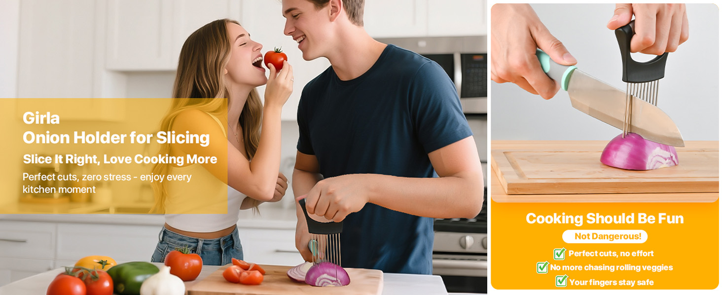 【2 PCS】Onion Holder for Slicing - Stainless Steel Vegetable & Fruit Cutter Chopper for Onions, Tomatoes, Avocados, Potatoes, Eggs, Meat & Lemon - Kitchen Slicer Assistant with Neat Guide & Tenderizer.