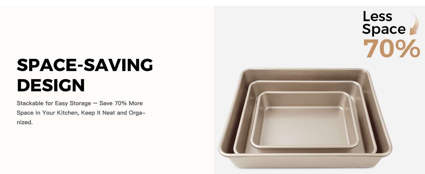 HONGBAKE Deep Baking Pans Set for Oven, Nonstick Rectangle Sheet Cake Pans for Baking, 13/11/9 Inch Rectangular Oven Tray for Cooking Brownie Lasagna, Stackable Multi-Depth Bakeware, Golden