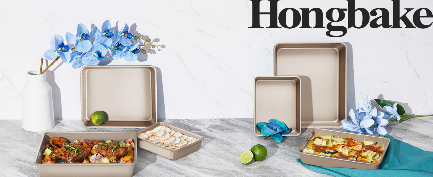 HONGBAKE Deep Baking Pans Set for Oven, Nonstick Rectangle Sheet Cake Pans for Baking, 13/11/9 Inch Rectangular Oven Tray for Cooking Brownie Lasagna, Stackable Multi-Depth Bakeware, Golden