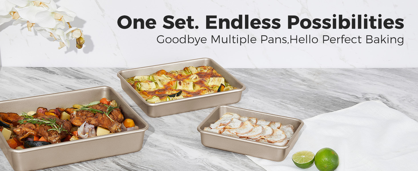 HONGBAKE Deep Baking Pans Set for Oven, Nonstick Rectangle Sheet Cake Pans for Baking, 13/11/9 Inch Rectangular Oven Tray for Cooking Brownie Lasagna, Stackable Multi-Depth Bakeware, Golden