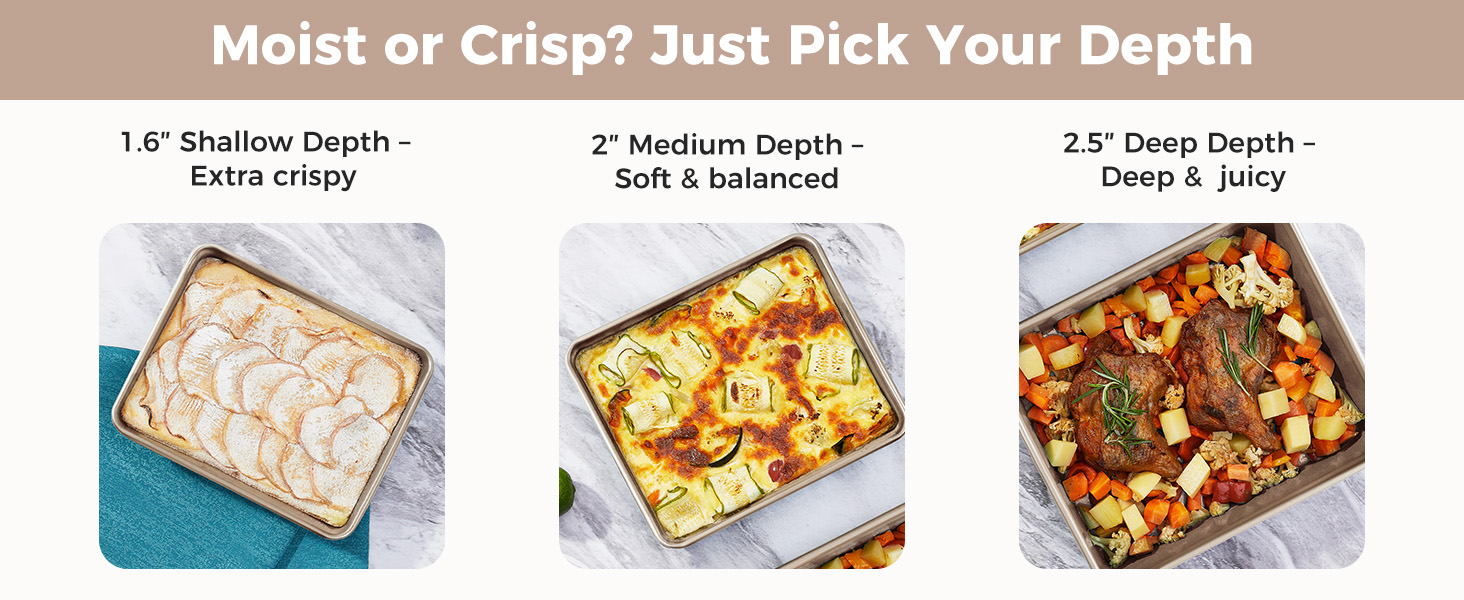 HONGBAKE Deep Baking Pans Set for Oven, Nonstick Rectangle Sheet Cake Pans for Baking, 13/11/9 Inch Rectangular Oven Tray for Cooking Brownie Lasagna, Stackable Multi-Depth Bakeware, Golden