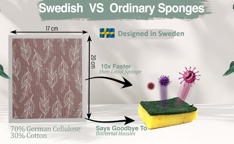 10 PCS Leaf Print Swedish Dishcloths for Kitchen 100% Biodegradable Reusable Cellulose Sponge Cloths Ultra Absorbent, Eco-Friendly Cleaning Towels Dishcloths for Washing Dishes & General Cleaning