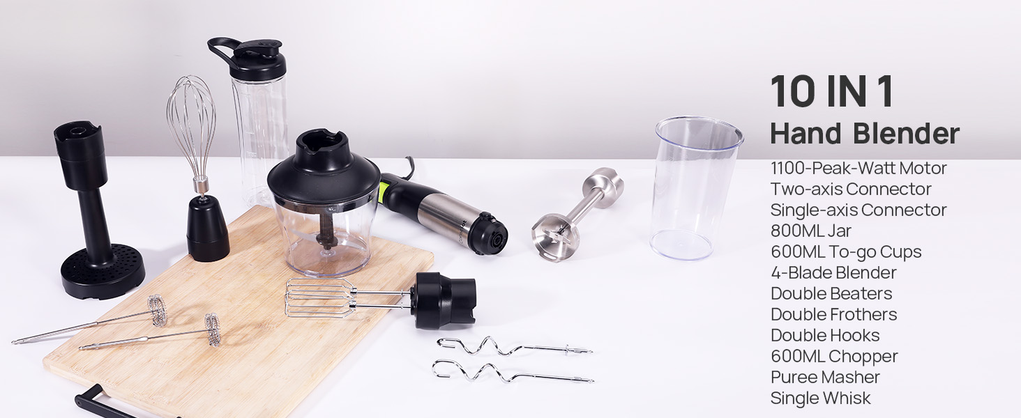 Consciot 10-in-1 Immersion Blender Handheld Max 1100W with Entire Stainless Steel Blender Shaft, Trigger Speed Control, 800ml Beaker, 600ml Chopper, Beaters, Frothers, Hooks, Masher, Whisk & 600ml Cup