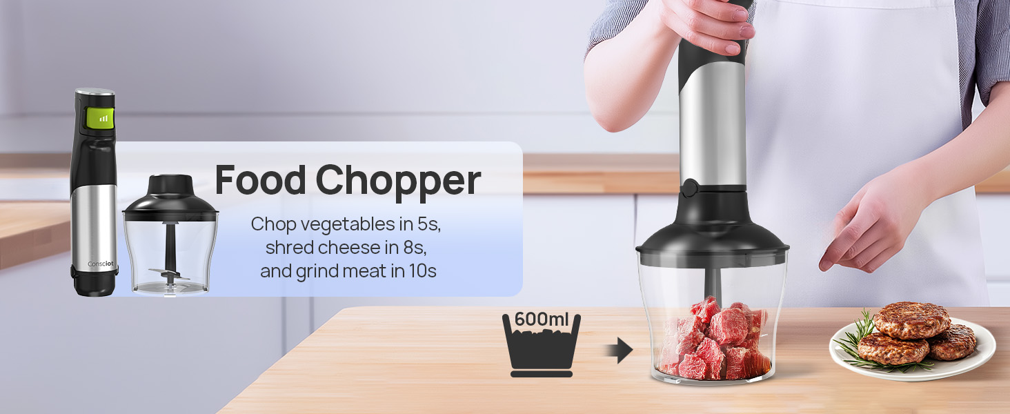 Consciot 10-in-1 Immersion Blender Handheld Max 1100W with Entire Stainless Steel Blender Shaft, Trigger Speed Control, 800ml Beaker, 600ml Chopper, Beaters, Frothers, Hooks, Masher, Whisk & 600ml Cup