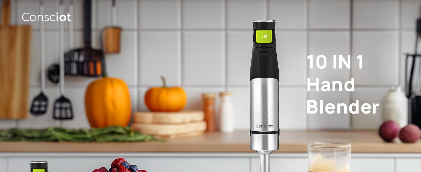 Consciot 10-in-1 Immersion Blender Handheld Max 1100W with Entire Stainless Steel Blender Shaft, Trigger Speed Control, 800ml Beaker, 600ml Chopper, Beaters, Frothers, Hooks, Masher, Whisk & 600ml Cup