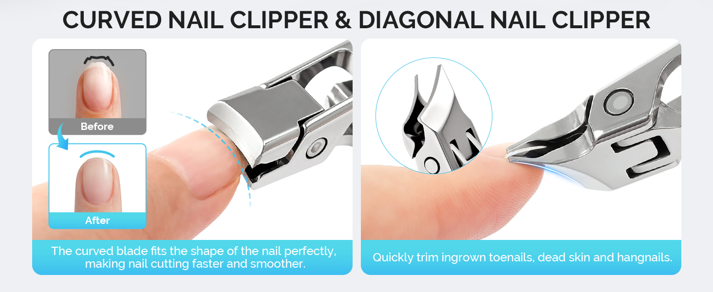 MelodySusie Wide Jaw Opening Nail Clippers Set, 2 pcs Toenail Clippers for Seniors Thick Nails, Anti-Splash Curved and Slanted Nail Clippers for Men Women, Fingernail Cutter with Catcher, Black