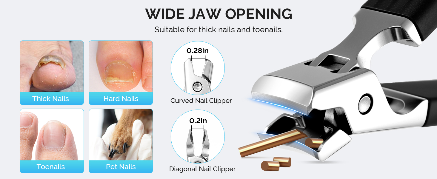 MelodySusie Wide Jaw Opening Nail Clippers Set, 2 pcs Toenail Clippers for Seniors Thick Nails, Anti-Splash Curved and Slanted Nail Clippers for Men Women, Fingernail Cutter with Catcher, Black