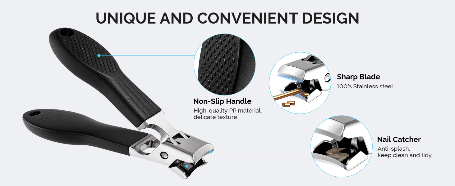 MelodySusie Wide Jaw Opening Nail Clippers Set, 2 pcs Toenail Clippers for Seniors Thick Nails, Anti-Splash Curved and Slanted Nail Clippers for Men Women, Fingernail Cutter with Catcher, Black