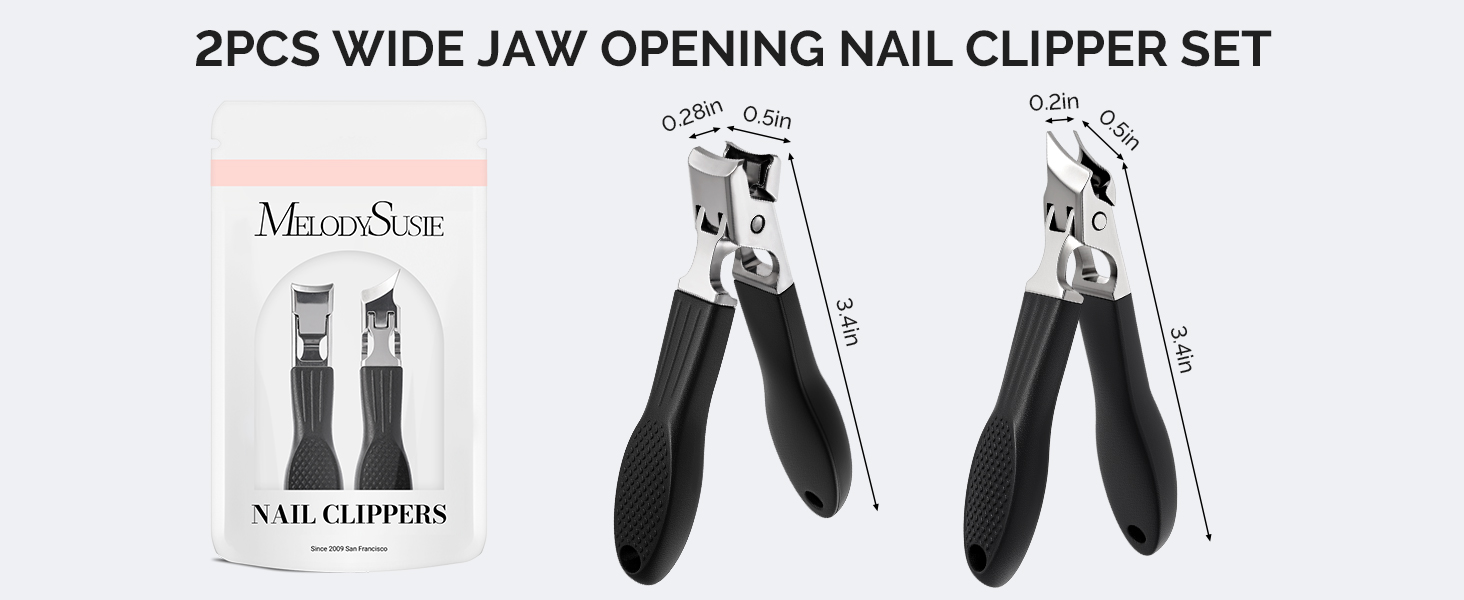 MelodySusie Wide Jaw Opening Nail Clippers Set, 2 pcs Toenail Clippers for Seniors Thick Nails, Anti-Splash Curved and Slanted Nail Clippers for Men Women, Fingernail Cutter with Catcher, Black