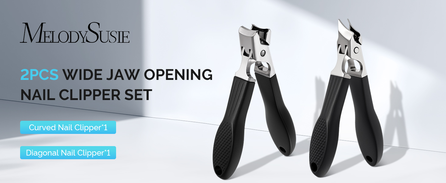 MelodySusie Wide Jaw Opening Nail Clippers Set, 2 pcs Toenail Clippers for Seniors Thick Nails, Anti-Splash Curved and Slanted Nail Clippers for Men Women, Fingernail Cutter with Catcher, Black