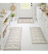GRANNY SAYS Boho Kitchen Rug Sets of 3, Non Slip Washable Faux Wool Kitchen Mats for Floor, Thick Soft Anti-Fatigue Comfort Standing Mat Runner Rugs for Hallway Laundry Room, Beige