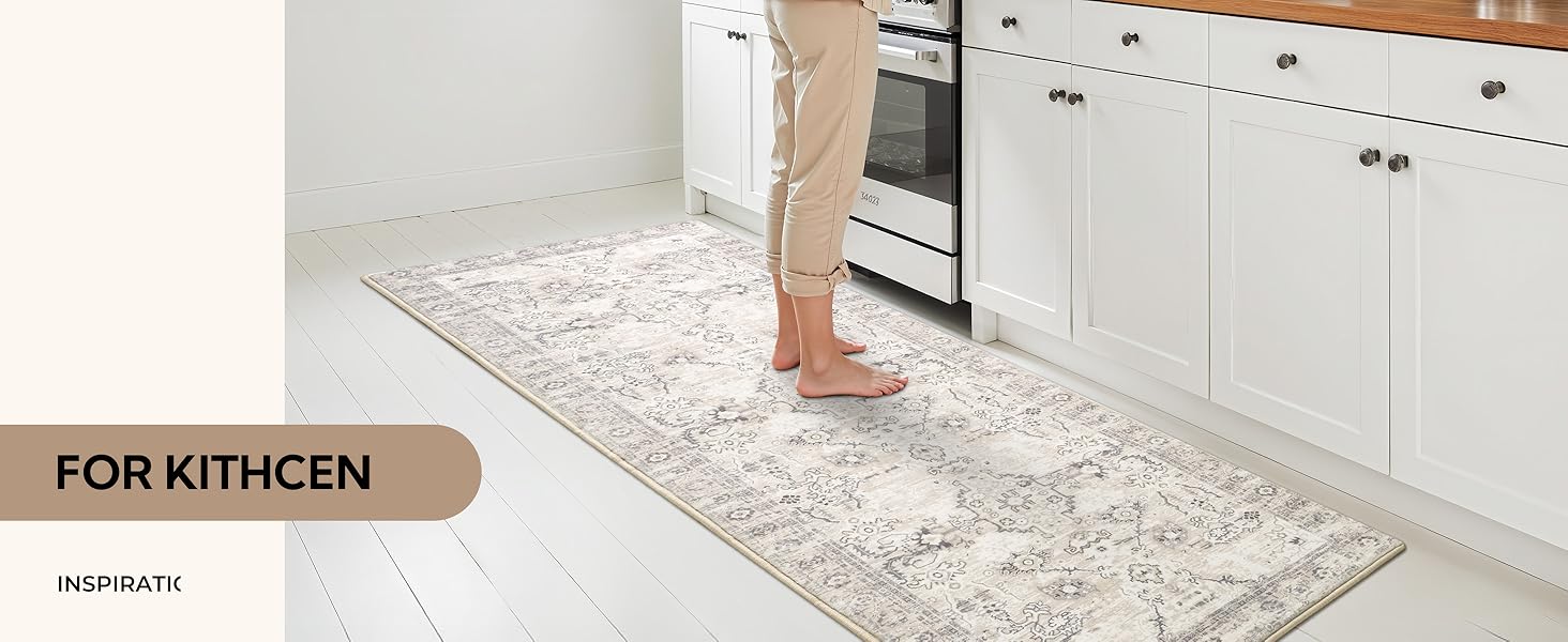 GRANNY SAYS Boho Kitchen Rug Sets of 3, Non Slip Washable Faux Wool Kitchen Mats for Floor, Thick Soft Anti-Fatigue Comfort Standing Mat Runner Rugs for Hallway Laundry Room, Beige