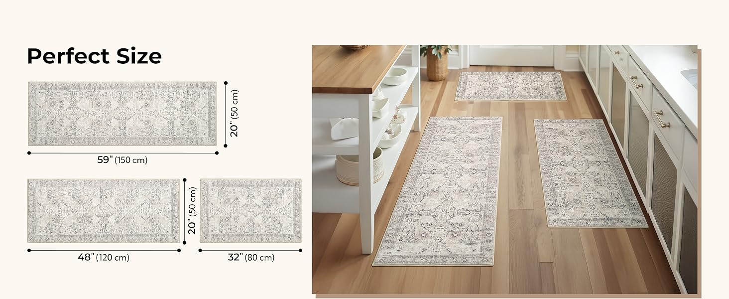 GRANNY SAYS Boho Kitchen Rug Sets of 3, Non Slip Washable Faux Wool Kitchen Mats for Floor, Thick Soft Anti-Fatigue Comfort Standing Mat Runner Rugs for Hallway Laundry Room, Beige