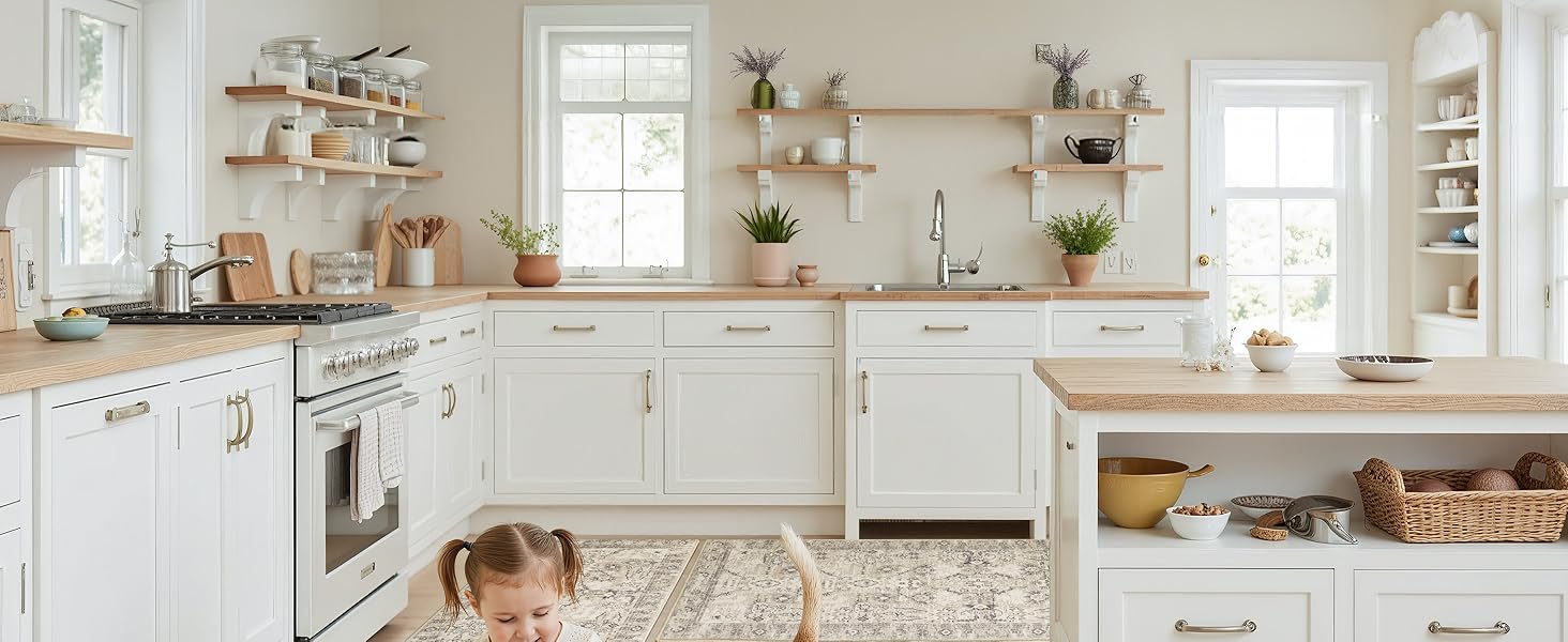 GRANNY SAYS Boho Kitchen Rug Sets of 3, Non Slip Washable Faux Wool Kitchen Mats for Floor, Thick Soft Anti-Fatigue Comfort Standing Mat Runner Rugs for Hallway Laundry Room, Beige