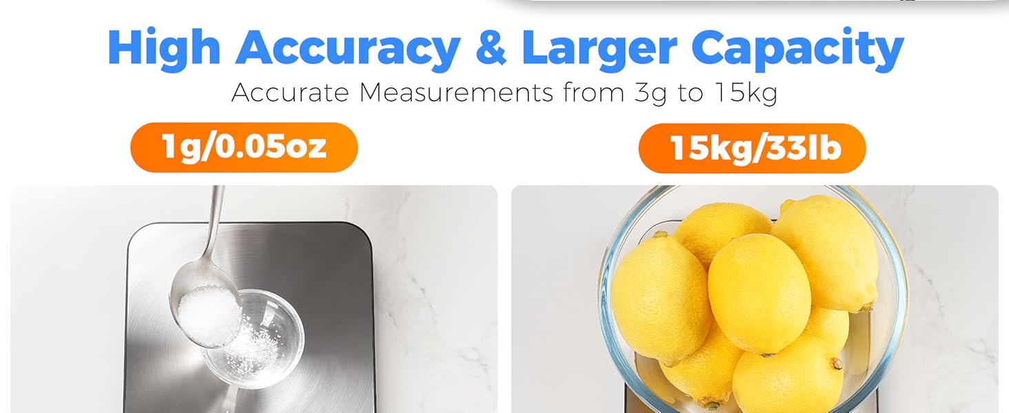 Food Scale, 33lb Rechargeable Kitchen Scale with Stainless Steel, Grams and Ounces, USB Charging, 1g High Accuracy for Baking, Cooking & Food Prep, Black, BK806