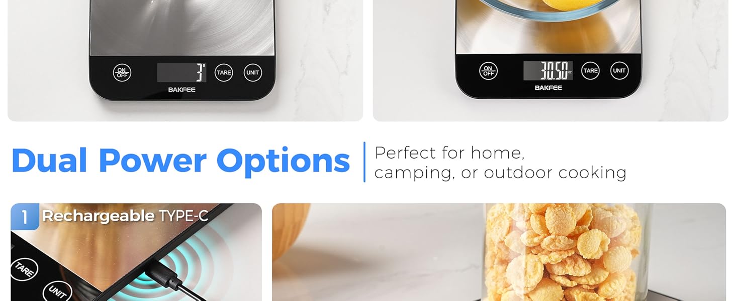 Food Scale, 33lb Rechargeable Kitchen Scale with Stainless Steel, Grams and Ounces, USB Charging, 1g High Accuracy for Baking, Cooking & Food Prep, Black, BK806