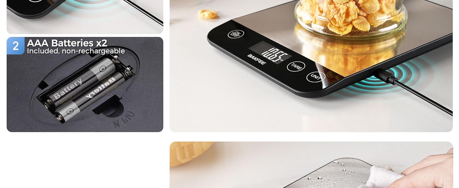 Food Scale, 33lb Rechargeable Kitchen Scale with Stainless Steel, Grams and Ounces, USB Charging, 1g High Accuracy for Baking, Cooking & Food Prep, Black, BK806