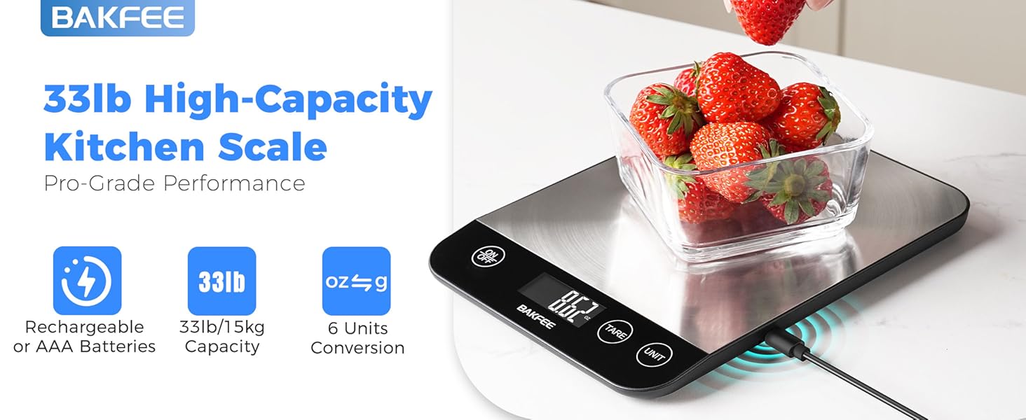 Food Scale, 33lb Rechargeable Kitchen Scale with Stainless Steel, Grams and Ounces, USB Charging, 1g High Accuracy for Baking, Cooking & Food Prep, Black, BK806
