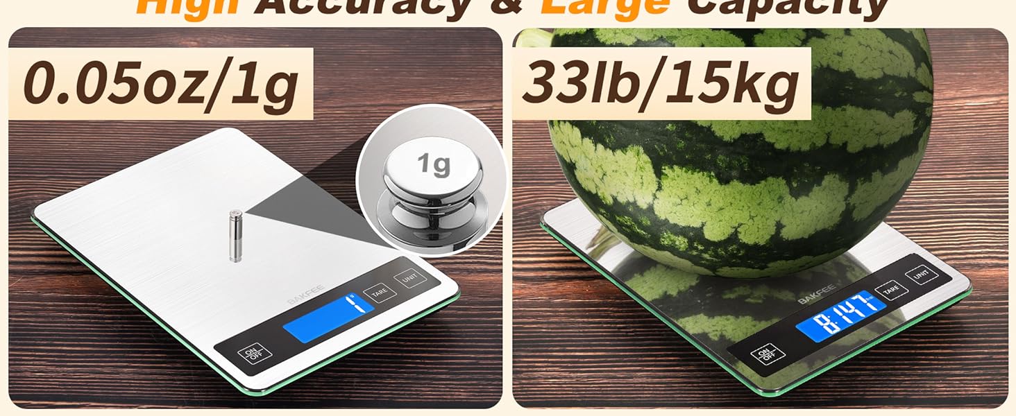 Food Scale, 15kg/33lb Digital Kitchen Scale with Stainless Steel & Tempered Glass, 1g / 0.05oz Precise Graduation, Waterproof and Sturdy Surface, for Cooking, Baking, Weight Loss, Meal Prep
