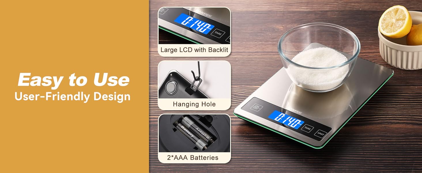 Food Scale, 15kg/33lb Digital Kitchen Scale with Stainless Steel & Tempered Glass, 1g / 0.05oz Precise Graduation, Waterproof and Sturdy Surface, for Cooking, Baking, Weight Loss, Meal Prep