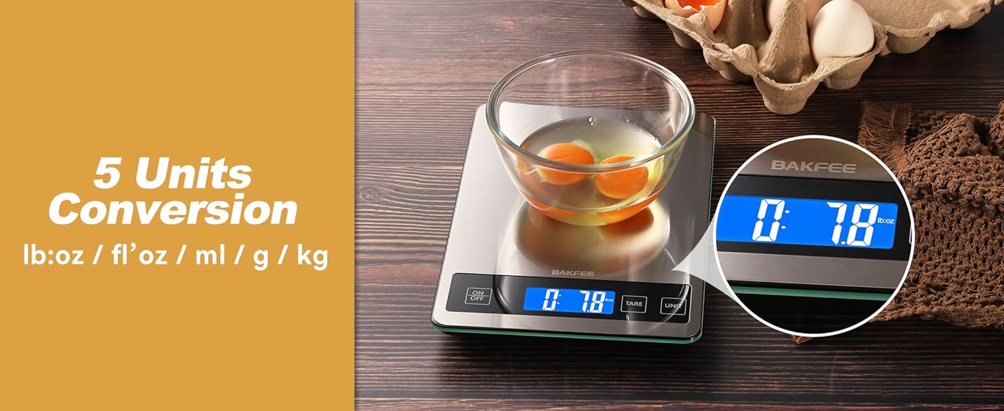 Food Scale, 15kg/33lb Digital Kitchen Scale with Stainless Steel & Tempered Glass, 1g / 0.05oz Precise Graduation, Waterproof and Sturdy Surface, for Cooking, Baking, Weight Loss, Meal Prep