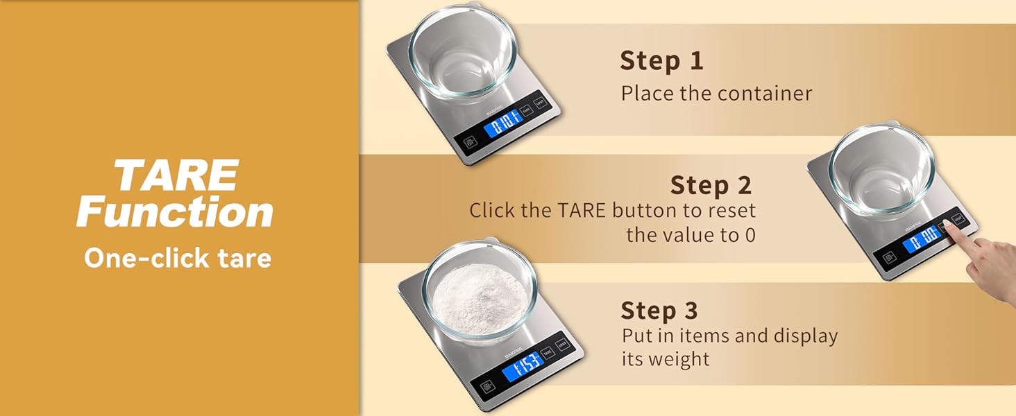 Food Scale, 15kg/33lb Digital Kitchen Scale with Stainless Steel & Tempered Glass, 1g / 0.05oz Precise Graduation, Waterproof and Sturdy Surface, for Cooking, Baking, Weight Loss, Meal Prep