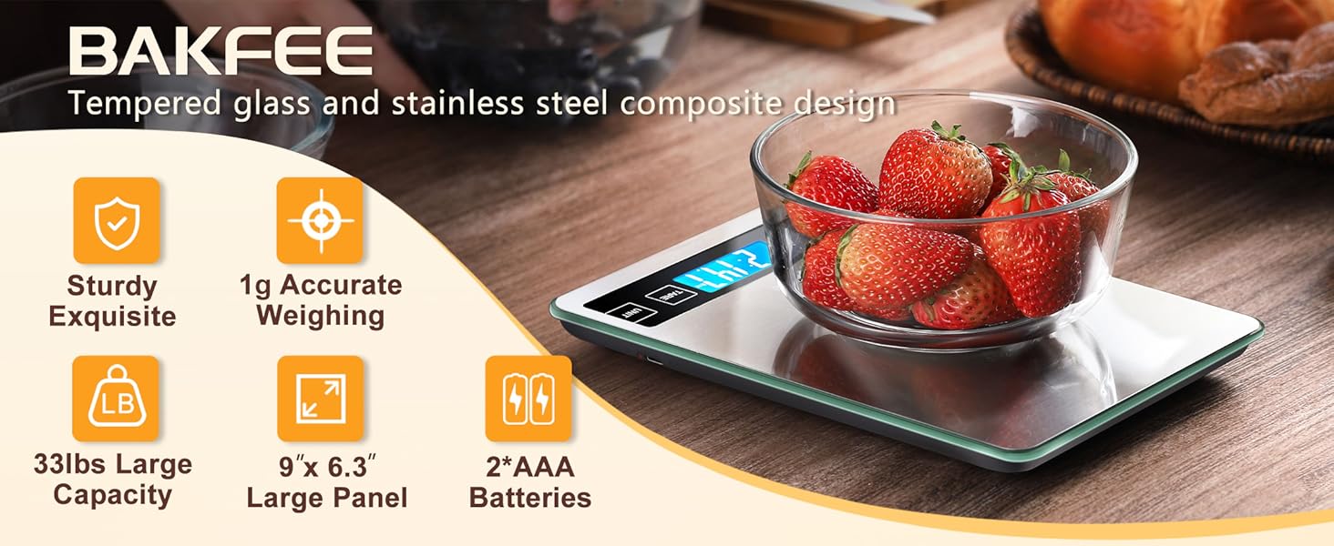 Food Scale, 15kg/33lb Digital Kitchen Scale with Stainless Steel & Tempered Glass, 1g / 0.05oz Precise Graduation, Waterproof and Sturdy Surface, for Cooking, Baking, Weight Loss, Meal Prep
