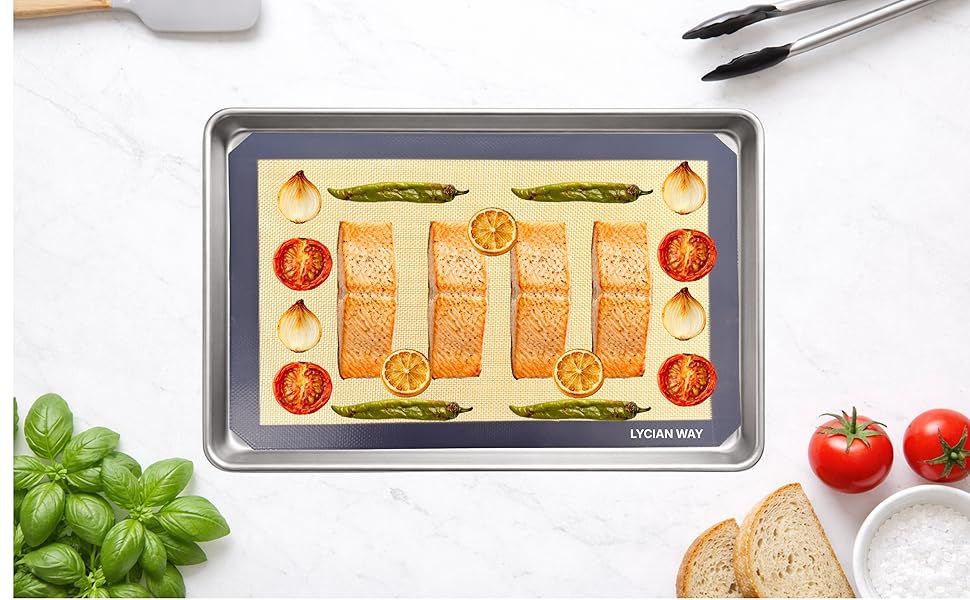 Silicone Baking Mat Set of 2 Half Sheet 1 Quarter Sheet Nonstick Reusable Baking Sheet Liners for Cookies Macarons Bread Pizza Pastry with Scraper and Hot Pot Handle Grips, 6 Pcs Set