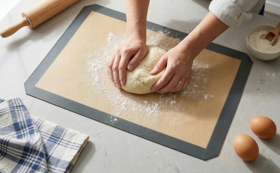 Silicone Baking Mat Set of 2 Half Sheet 1 Quarter Sheet Nonstick Reusable Baking Sheet Liners for Cookies Macarons Bread Pizza Pastry with Scraper and Hot Pot Handle Grips, 6 Pcs Set