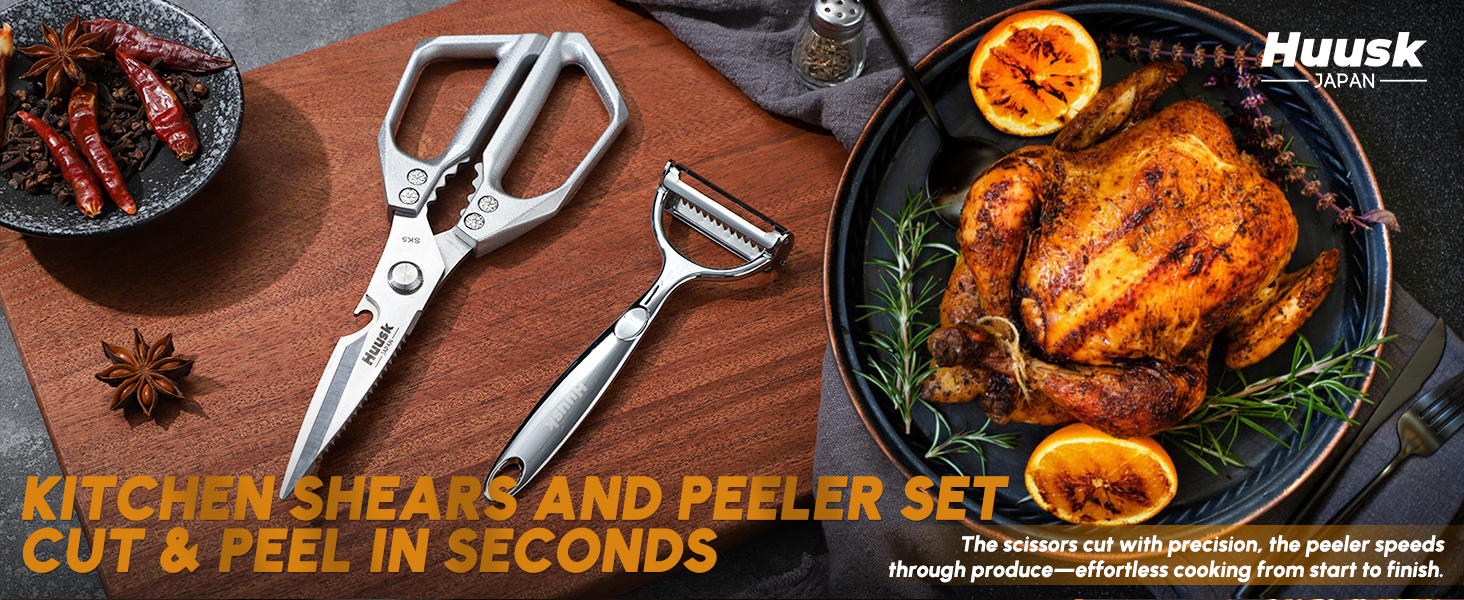 HUUSK Kitchen Scissors and Vegetable Peeler Set - Silver Stainless Steel Cooking Kitchen Shears for Food with Serrated Peeler, Heavy Duty Japanese Dishwasher Safe Meat Scissors, Gift for Men