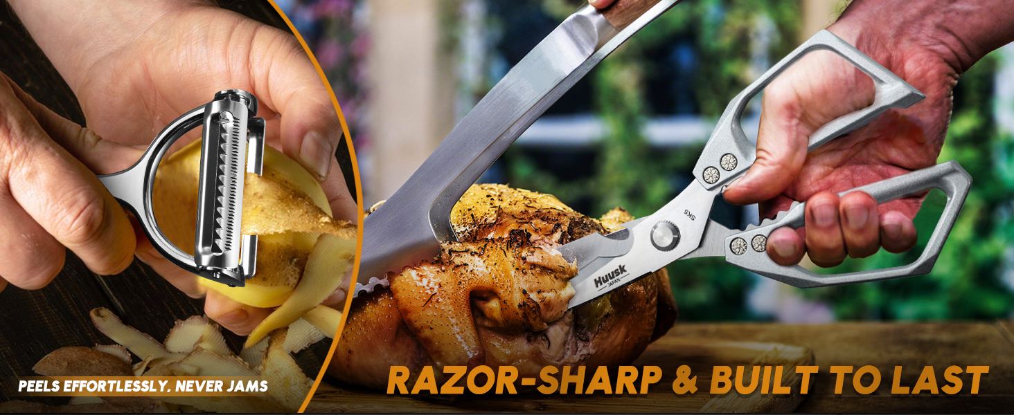 HUUSK Kitchen Scissors and Vegetable Peeler Set - Silver Stainless Steel Cooking Kitchen Shears for Food with Serrated Peeler, Heavy Duty Japanese Dishwasher Safe Meat Scissors, Gift for Men