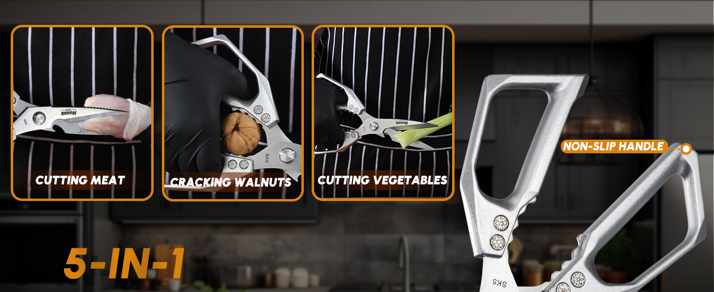 HUUSK Kitchen Scissors and Vegetable Peeler Set - Silver Stainless Steel Cooking Kitchen Shears for Food with Serrated Peeler, Heavy Duty Japanese Dishwasher Safe Meat Scissors, Gift for Men