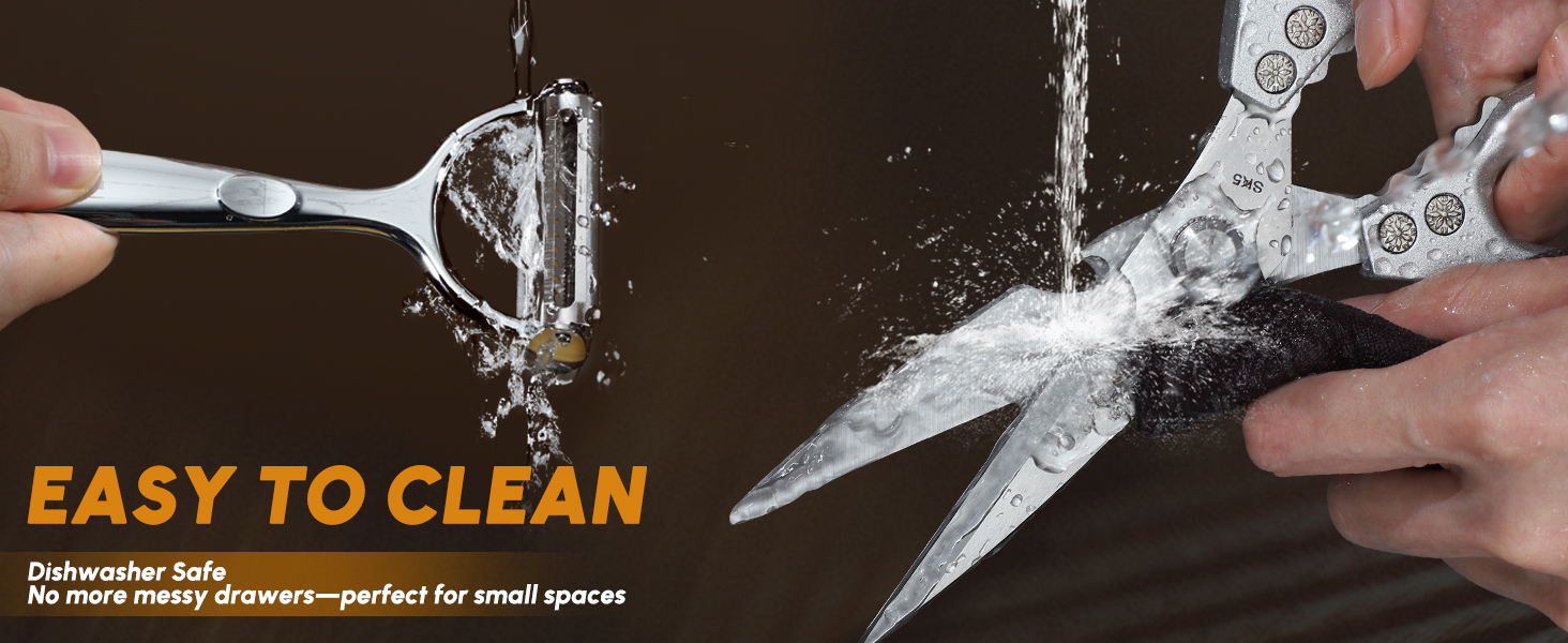 HUUSK Kitchen Scissors and Vegetable Peeler Set - Silver Stainless Steel Cooking Kitchen Shears for Food with Serrated Peeler, Heavy Duty Japanese Dishwasher Safe Meat Scissors, Gift for Men