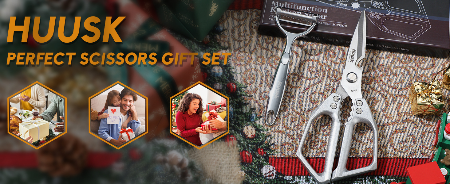 HUUSK Kitchen Scissors and Vegetable Peeler Set - Silver Stainless Steel Cooking Kitchen Shears for Food with Serrated Peeler, Heavy Duty Japanese Dishwasher Safe Meat Scissors, Gift for Men