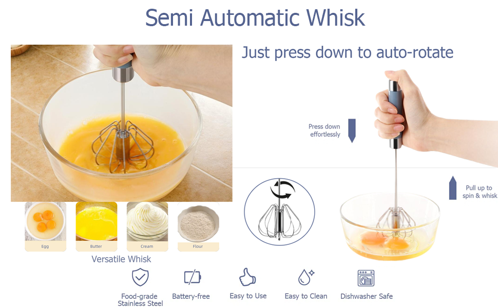 2 Pack Semi Automatic Whisk, Stainless Steel Mini Hand Push Whisks for Cooking, Easy to Use Hand Mixer Egg Beater Wisking Tool for Cooking, Whisking, Beating, Stirring