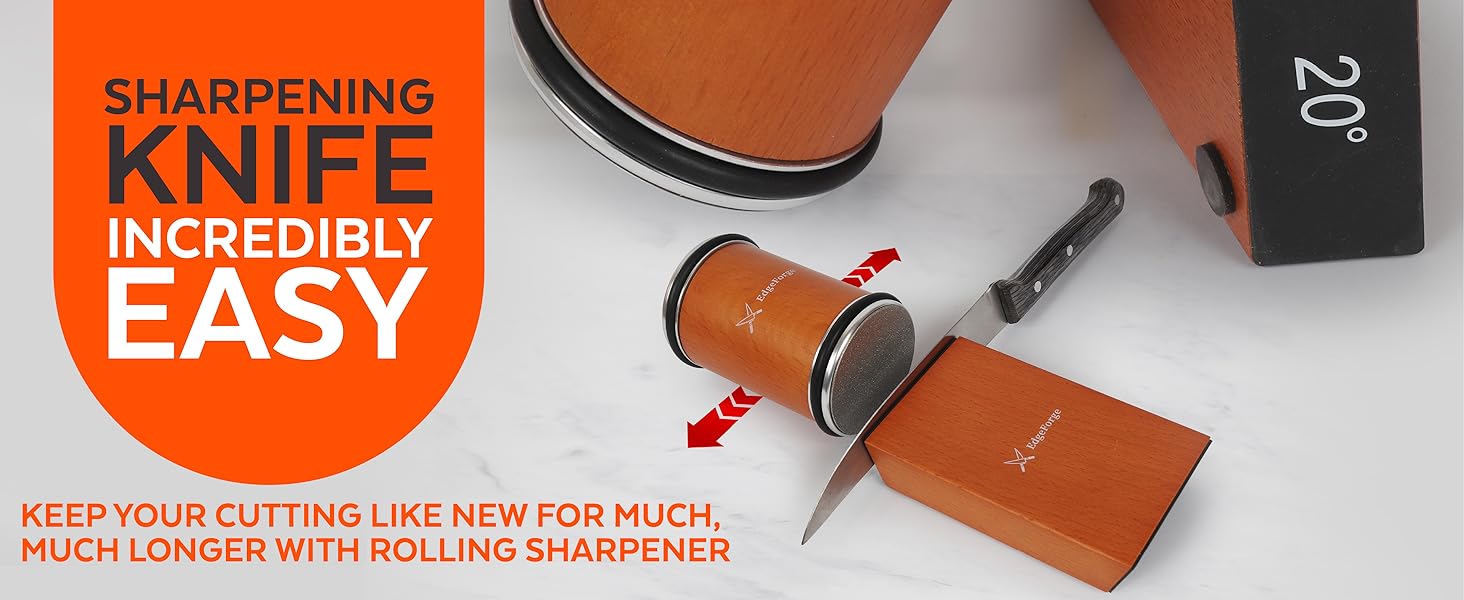 Knife Sharpener – Rolling Knife Sharpener Kit with Diamond Disc & Stainless Steel Polishing Disc, Magnetic 15° & 20° Angle Guide, Manual Kitchen Knife Sharpener Tool, Ideal Gift