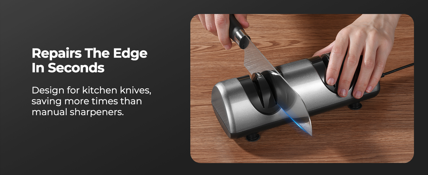 Electric Knife Sharpener, Professional Kitchen Knife Sharpener for Home Use, 2 Stages of Coarse Sharpening & Fine Polishing, Metal Dust Collection Box for Easy Cleaning, Silver Gray