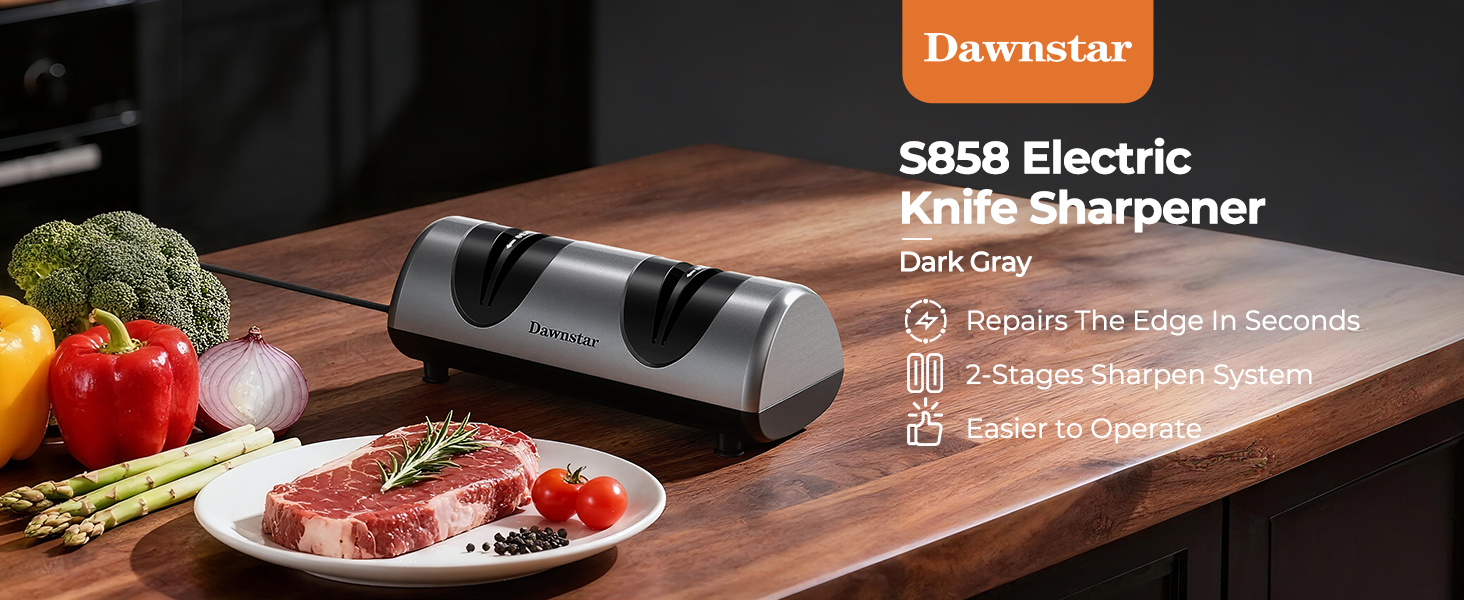 Electric Knife Sharpener, Professional Kitchen Knife Sharpener for Home Use, 2 Stages of Coarse Sharpening & Fine Polishing, Metal Dust Collection Box for Easy Cleaning, Silver Gray