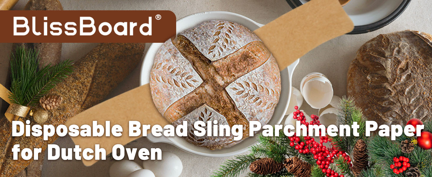 Parchment Bread Sling for Dutch Oven, BlissBoard Disposable Bread Baking Mat with Long Handles, 50 Pcs Unbleached Parchment Paper for Air Fryer, Sourdough Transfer