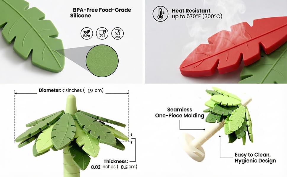 Silicone Trivets for Hot Dishes and Pans, Heat Resistant Tree-Shaped Pot Holders (Set of 4) BPA Free, Non-Slip Kitchen Trivet Mats, Elegant Christmas Design for Countertops & Dining Tables Green