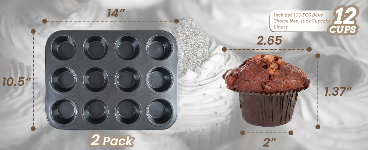 2 Pack Muffin Pan for Baking, Standard Cupcake Pan includes 100 Natural Cupcake Liners, Muffin Tin Nonstick 12 Cup, Baking Pans Set, Carbon Steel Baking Supplies