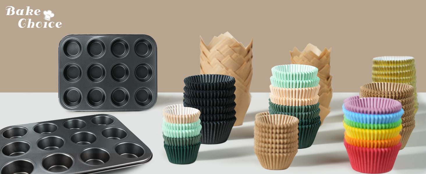 2 Pack Muffin Pan for Baking, Standard Cupcake Pan includes 100 Natural Cupcake Liners, Muffin Tin Nonstick 12 Cup, Baking Pans Set, Carbon Steel Baking Supplies