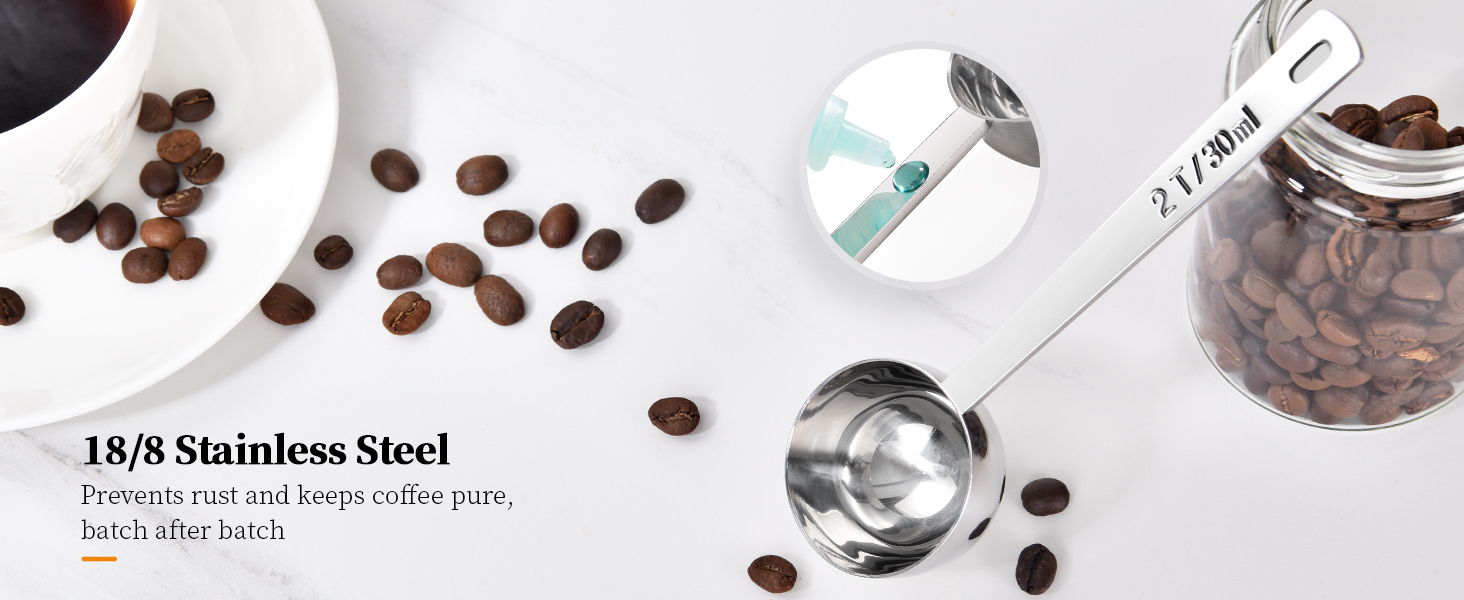 Long Handle Coffee Scoop: 5.98 Inch 18/8 Stainless Steel 2 Tablespoon Metal Measuring Spoon Tbsp Scoop for Coffee Beans, Grounds Coffee, Coffee Powder, Tea, Tall Jars (2Tbsp/30ml)