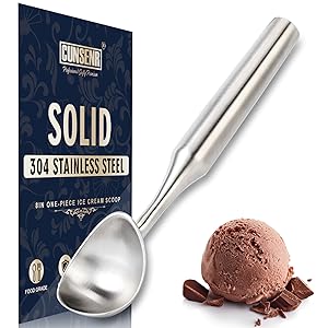 Stainless Steel Ice Cream Scoop - Heavy Duty Ice Cream Scooper with Ergonomic Handle - One-Piece Metal Ice Cream Spoon for Gelato, Sorbet, Cookies - Durable, Easy to Use & Dishwasher Safe