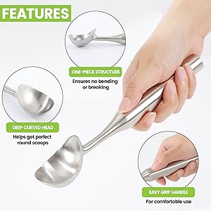 Stainless Steel Ice Cream Scoop - Heavy Duty Ice Cream Scooper with Ergonomic Handle - One-Piece Metal Ice Cream Spoon for Gelato, Sorbet, Cookies - Durable, Easy to Use & Dishwasher Safe