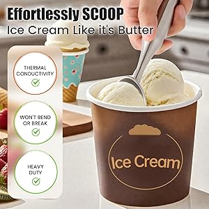 Stainless Steel Ice Cream Scoop - Heavy Duty Ice Cream Scooper with Ergonomic Handle - One-Piece Metal Ice Cream Spoon for Gelato, Sorbet, Cookies - Durable, Easy to Use & Dishwasher Safe