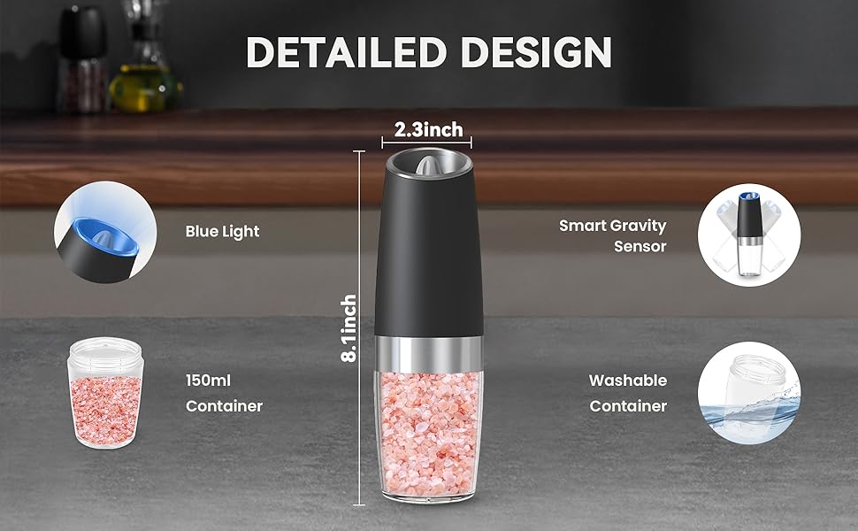 Battery Operated Salt And Pepper Grinder Set with LED Light, Automatic Electric Gravity Salt And Pepper Shakers Set, Each 6 AAA Batteries Needed, Adjustable Roughness, 2 Pack (Black)