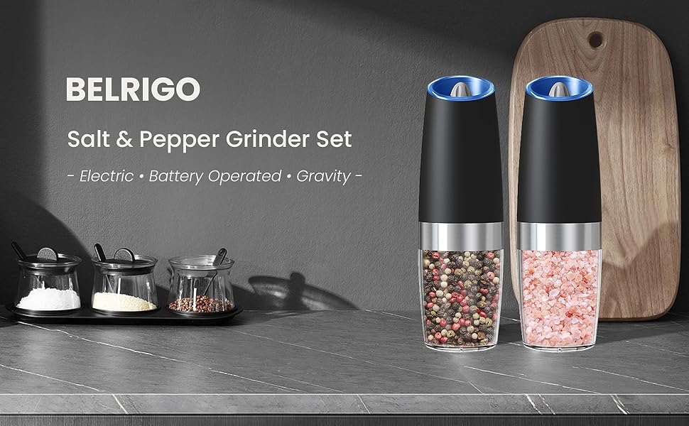 Battery Operated Salt And Pepper Grinder Set with LED Light, Automatic Electric Gravity Salt And Pepper Shakers Set, Each 6 AAA Batteries Needed, Adjustable Roughness, 2 Pack (Black)