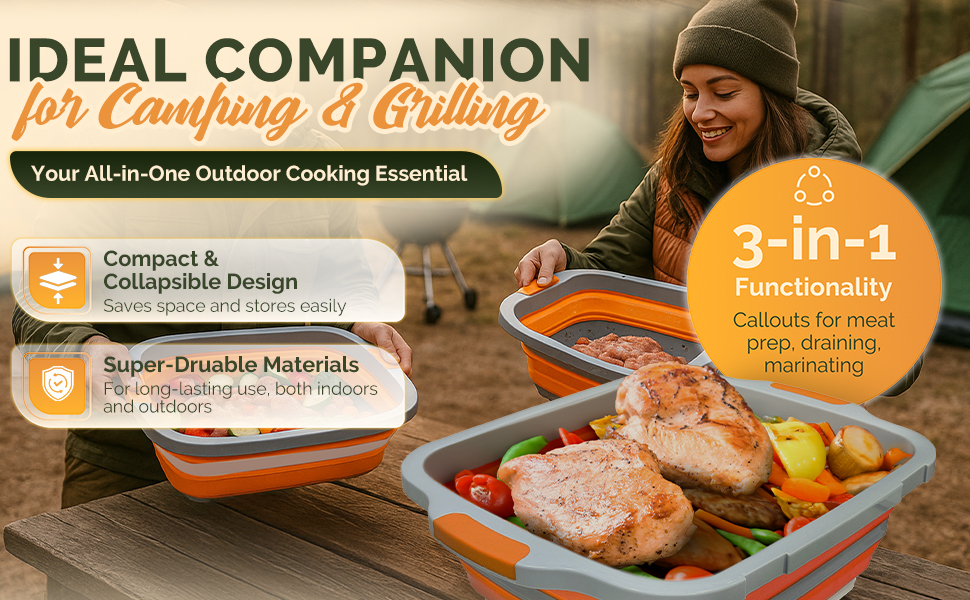XL Collapsible BBQ Prep Tub with Lid - 3 in 1 Collapsible Tub & Portable Cutting Board Container for Marinating, Camping, Meat Storage - Space-Saving, Foldable Tray for Kitchen and Outdoor